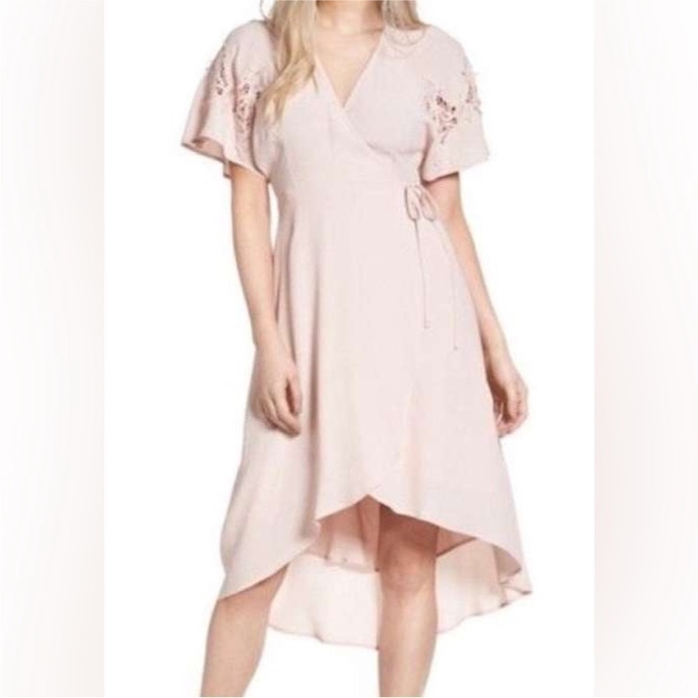 Astr Light Pink Wrap Midi Dress with Embroidered Flutter Sleeves
